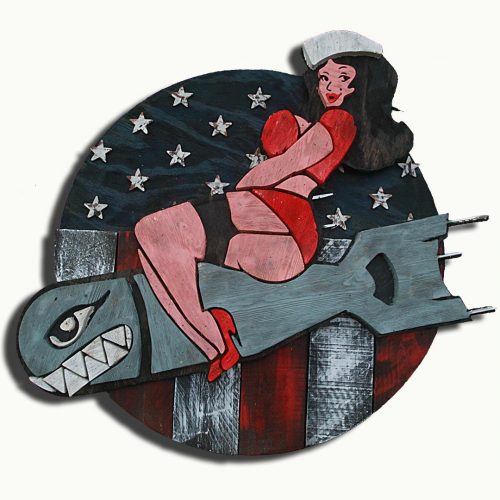 1950's Vintage reclaimed wood Pin Up bomber girl, Wall Art, Retro, red white and blue, patriotic