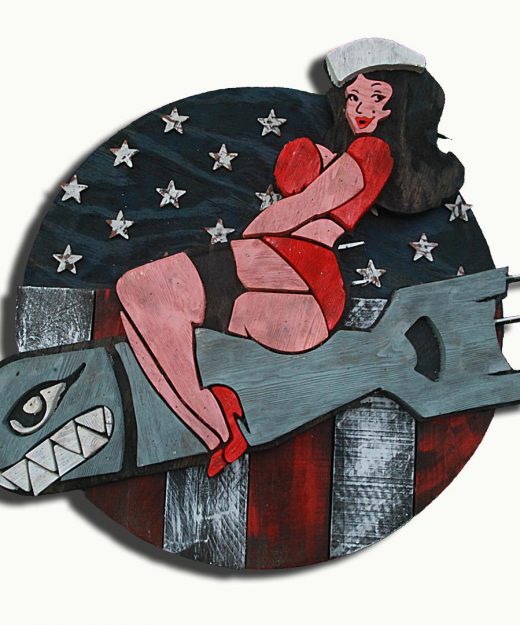 1950's Vintage reclaimed wood Pin Up bomber girl, Wall Art, Retro, red white and blue, patriotic