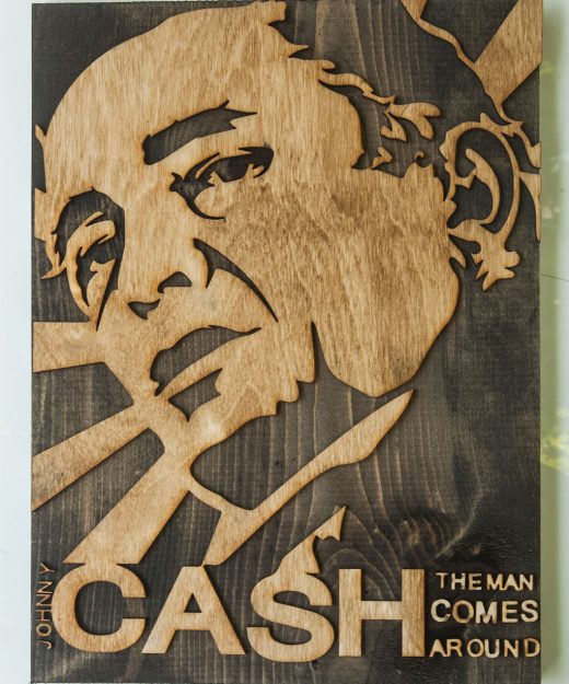 3D sculptured wall hanging wooden art.  Johnny Cash, Country, wood, rustic, sepia, vintage, rock-a-billy, sculpture, home decor, brown