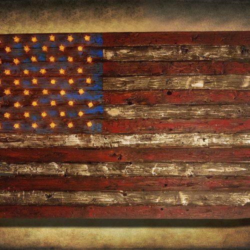 American Flag, Weathered Wood, Edison Bulb, 3D, Wooden, vintage, art, distressed, red, blue, white patriotic, wall art, USA, home decor