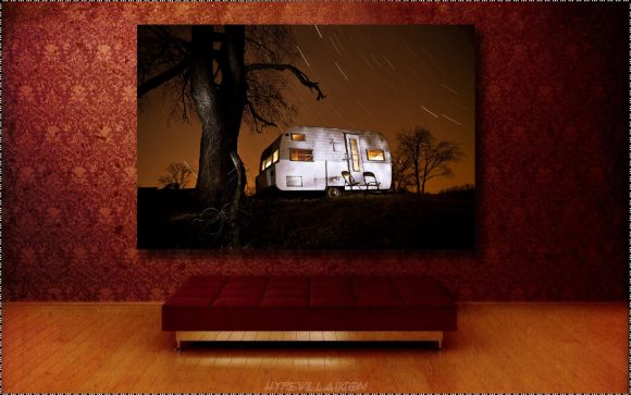 Canvas Gallery Wrap, Night time photography, Stars, long exposure, orange, camper, vintage, Canvas print, light painting, home decor
