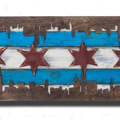 Chicago Flag Distressed Weathered Wood One of a kind with skyline Blue, red, Illinois,recycled, reclaimed, wooden, rustic