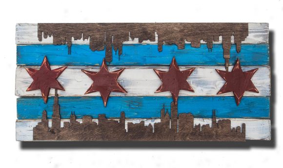 Chicago Flag Distressed Weathered Wood One of a kind with skyline Blue, red, Illinois,recycled, reclaimed, wooden, rustic