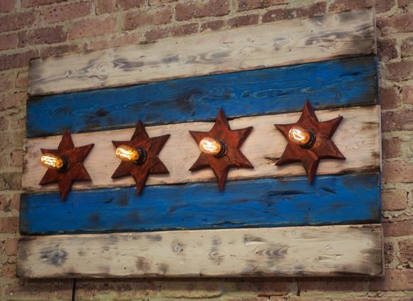 Chicago Flag One of a kind Weathered Wood, Antique Edison light bulbs, Blue, red, Illinois,recycled, reclaimed, wooden, rustic