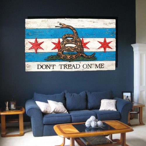 Gadsden Flag  with Chicago flag mashup, Don't Tread On Me, Weathered Wood One of a kind ,vintage, art, distressed, weathered, reclaim, snake