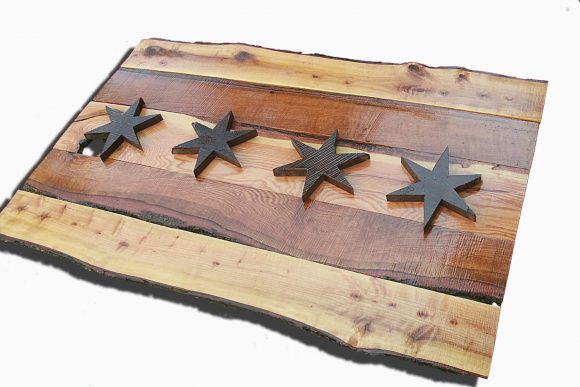 Handmade, live edge  wooden Chicago Flag, vintage, art, distressed, weathered, reclaimed, Chicago flag art, home decor, Wall art, Brown