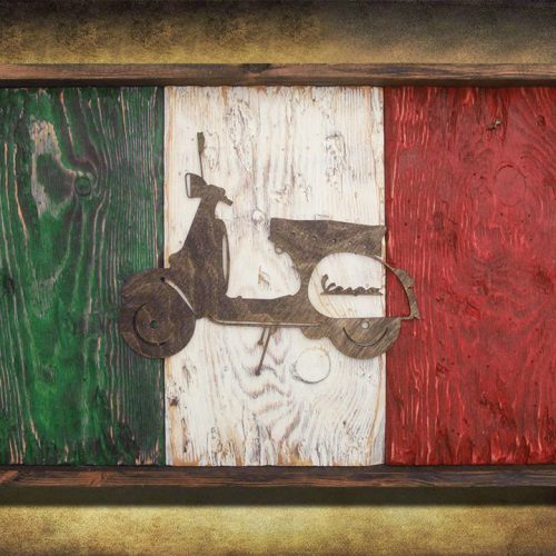 Italian flag, Vespa Edition Weathered Wood One of a kind, vintage, distressed, reclaimed, Europe art flag art. Italy, Red White green