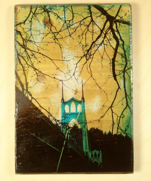 One of a kind  Polaroid transfer taken of the historic St. Johns Bridge in St. Johns Oregon transferred on a wood block.
