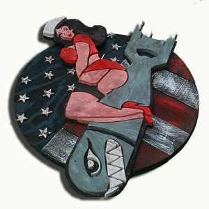 1950's Vintage reclaimed wood Pin Up bomber girl, Wall Art, Retro, red white and blue, patriotic