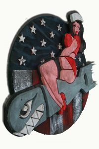 1950's Vintage reclaimed wood Pin Up bomber girl, Wall Art, Retro, red white and blue, patriotic