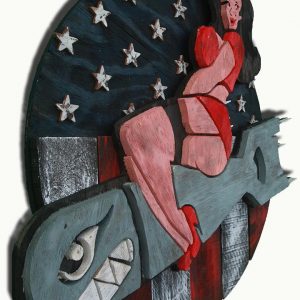 1950's Vintage reclaimed wood Pin Up bomber girl, Wall Art, Retro, red white and blue, patriotic