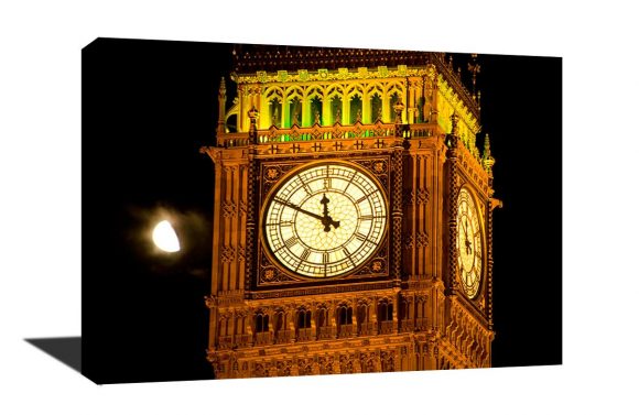 A stunning museum quality canvas gallery wrap, original photography, canvas print, Big Ben, London, England, moon, parliament, night photo