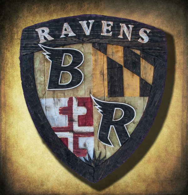 Baltimore Ravens Shield, Limited Edition, Weathered Wood One of a kind , Man cave, vintage, distressed, Maryland Flag recycled, red, yellow