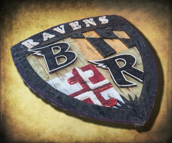 Baltimore Ravens Shield, Limited Edition, Weathered Wood One of a kind , Man cave, vintage, distressed, Maryland Flag recycled, red, yellow