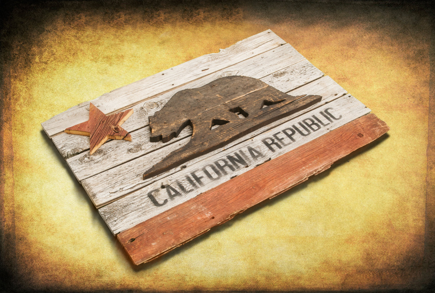 California Republic flag,  Barn Wood Edition,  Wooden, vintage, art, distressed, weathered, recycled, California flag art. Repurposed