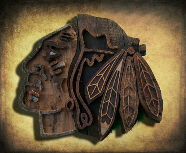 Chicago Blackhawks Handmade reclaimed barn wood wall art, vintage, weathered, recycled, Hockey, home decor, Wall art, Man Cave, Blue, Red