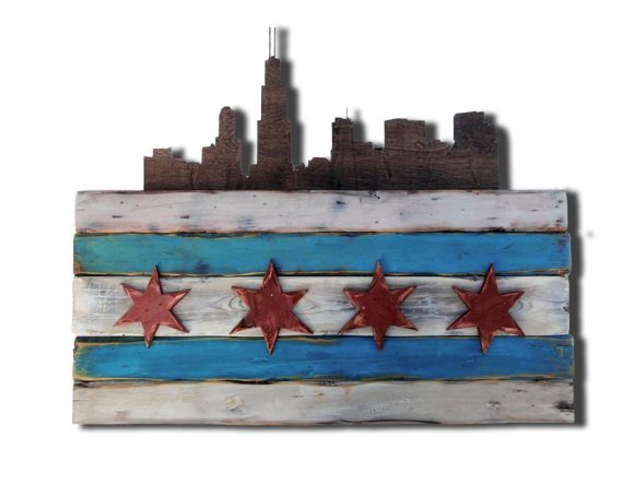 Chicago Flag Distressed Weathered Wood One of a kind with skyline, Blue, red, Illinois,recycled, reclaimed, wooden, rustic