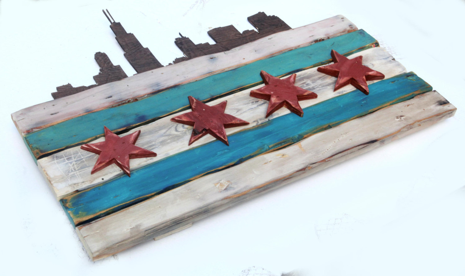 Chicago Flag Distressed Weathered Wood One of a kind with skyline, Blue, red, Illinois,recycled, reclaimed, wooden, rustic