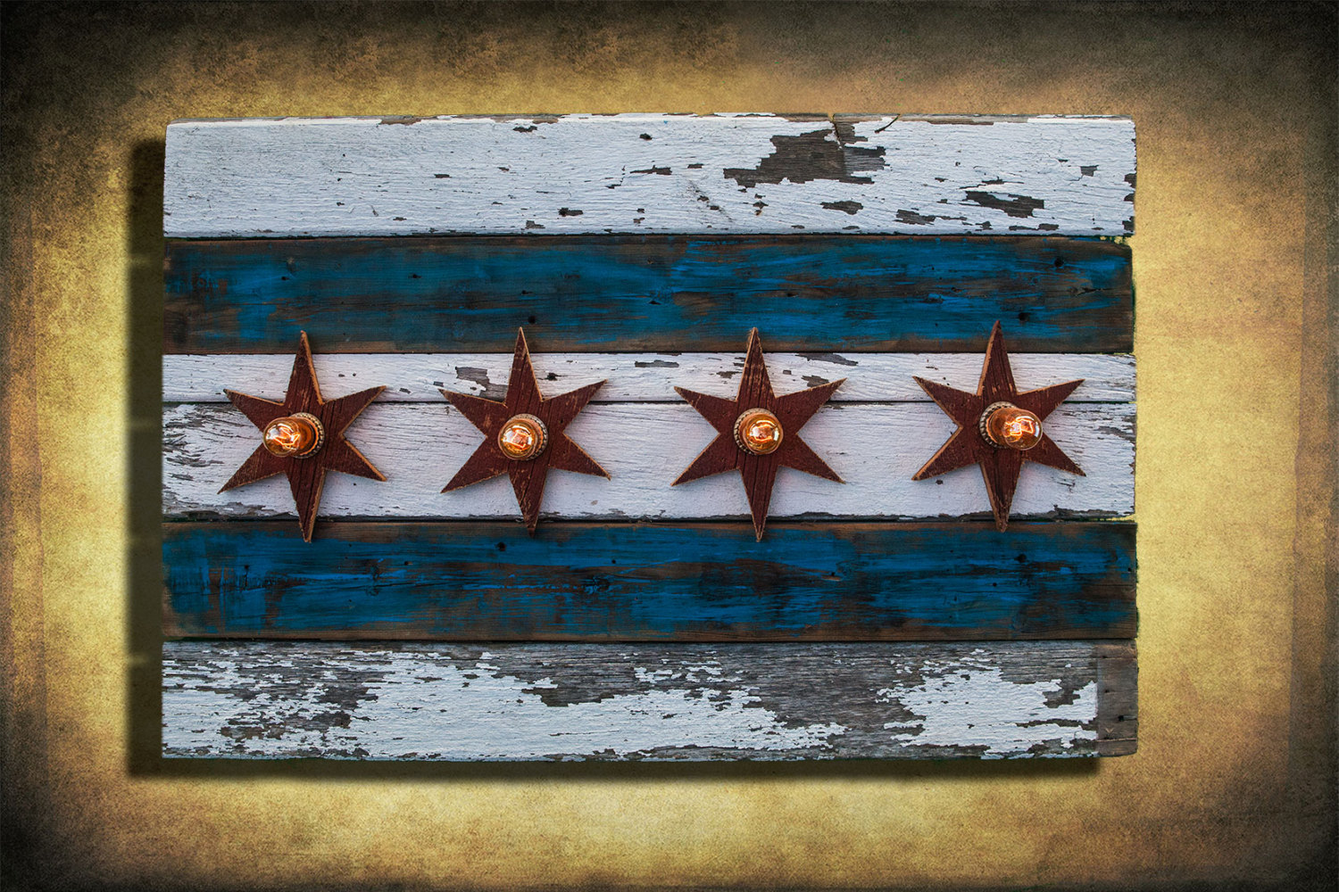 Chicago Flag One of a kind Barn Wood, Antique Edison light bulbs, Blue, red, Illinois,recycled, reclaimed, wooden, rustic
