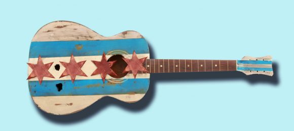 Chicago Flag One of a kind hand painted on old guitar, vintage, art, distressed, weathered, recycled, Chicago flag art
