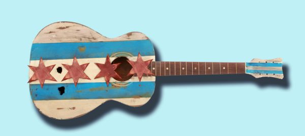 Chicago Flag One of a kind hand painted on old guitar, vintage, art, distressed, weathered, recycled, Chicago flag art