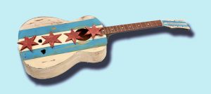 Chicago Flag One of a kind hand painted on old guitar, vintage, art, distressed, weathered, recycled, Chicago flag art