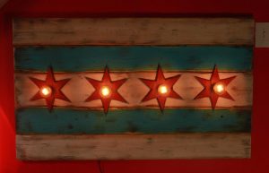 Chicago Flag One of a kind Weathered Wood, Antique Edison light bulbs, Blue, red, Illinois,recycled, reclaimed, wooden, rustic