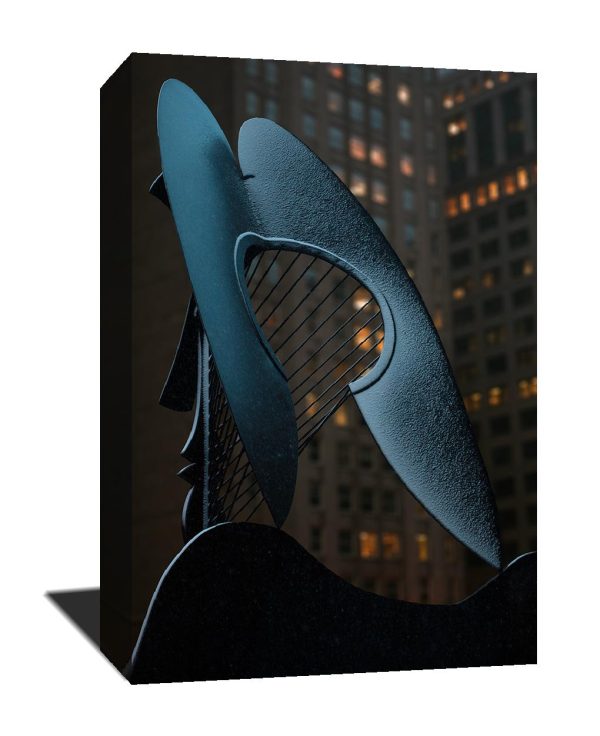 Chicago photography, Stunning chicago print,Chicago staple, Picasso sculpture, snow, statue, canvas print, skyline, winter, blue, night time