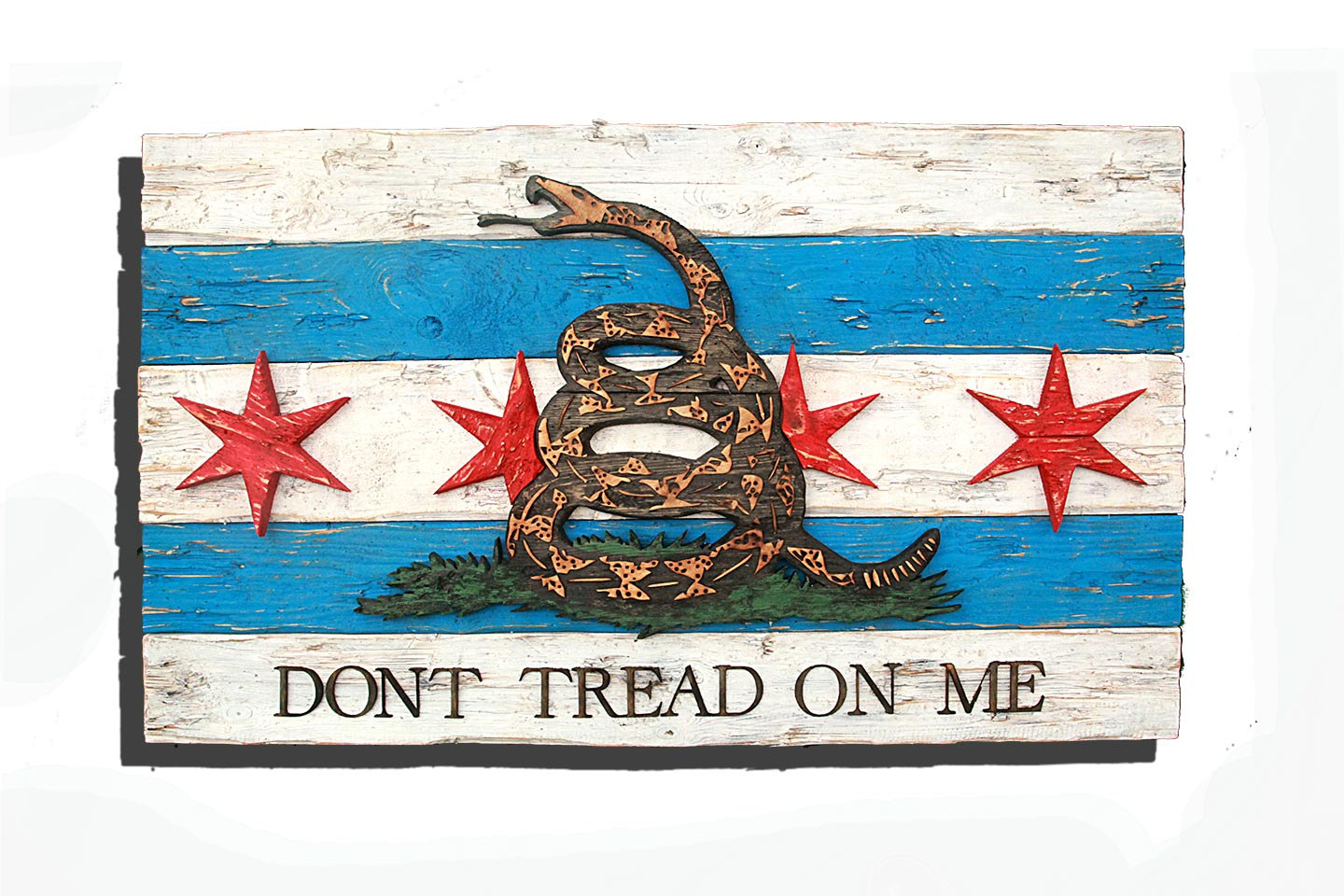 Gadsden Flag  with Chicago flag mashup, Don't Tread On Me, Weathered Wood One of a kind ,vintage, art, distressed, weathered, reclaim, snake