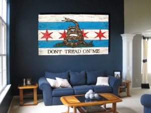 Gadsden Flag  with Chicago flag mashup, Don't Tread On Me, Weathered Wood One of a kind ,vintage, art, distressed, weathered, reclaim, snake