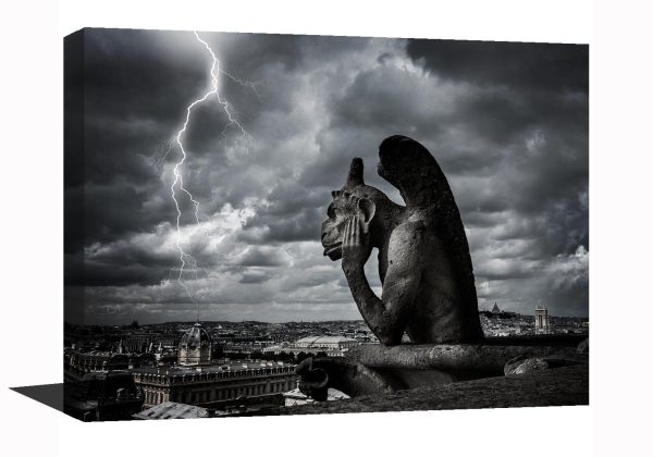 Gallery wrap, Gargoyle, Notre Dame Cathedral, Paris decor, Paris France, lighting, Europe, Black and White photography, Travel, Gothic