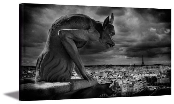 Gargoyle Gallery wrap, Notre Dame Cathedral, Paris decor, Paris France, eiffel Tower, Europe, Black White photography, gargoyle home decor
