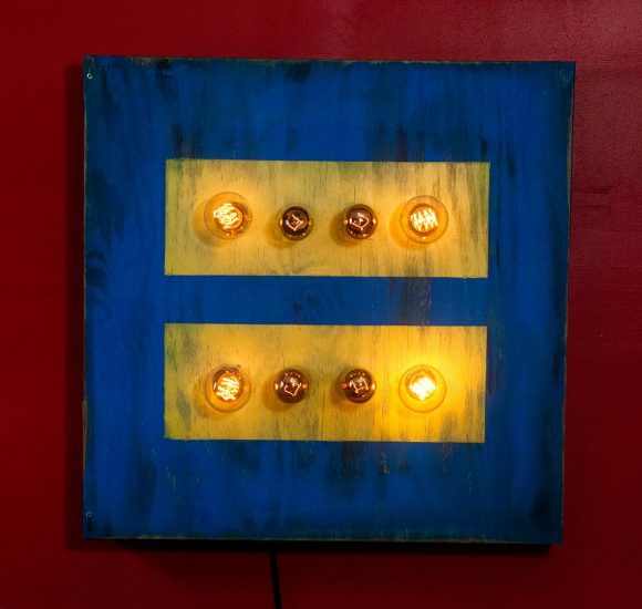 Gay Marriage Equality Weathered Wood Wall Hanging Art with vintage Edison Lights, 24x24x4
