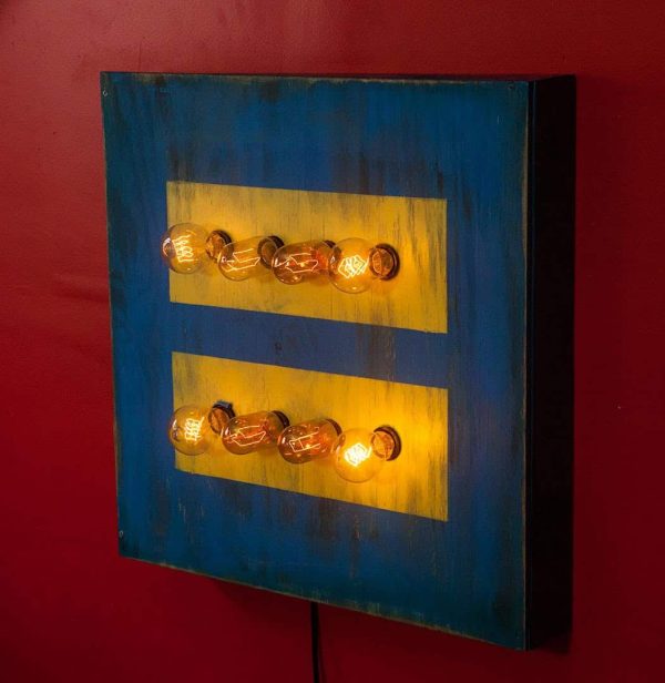 Gay Marriage Equality Weathered Wood Wall Hanging Art with vintage Edison Lights, 24x24x4