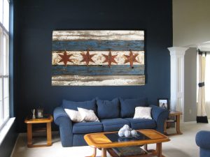 Handmade, Recycled Barn Wood Chicago Flag, vintage, art, distressed, weathered, reclaimed, Chicago flag art, home decor, Wall art, Blue