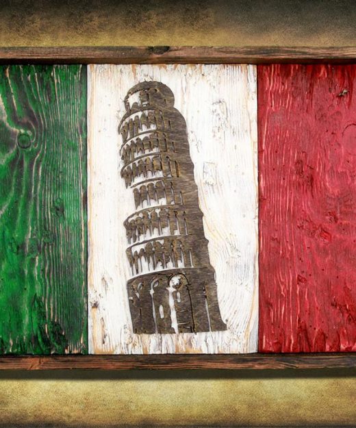 Italian flag, Leaning Tower Edition Weathered Wood One of a kind, vintage, distressed, reclaimed, Europe art flag art. Italy Red White green
