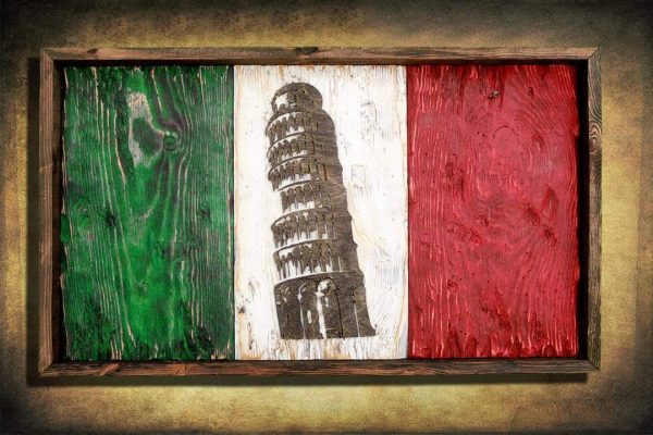 Italian flag, Leaning Tower Edition Weathered Wood One of a kind, vintage, distressed, reclaimed, Europe art flag art. Italy Red White green