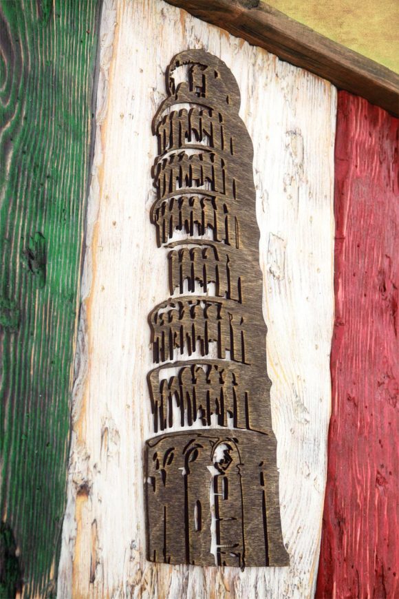 Italian flag, Leaning Tower Edition Weathered Wood One of a kind, vintage, distressed, reclaimed, Europe art flag art. Italy Red White green