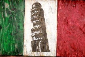 Italian flag, Leaning Tower Edition Weathered Wood One of a kind, vintage, distressed, reclaimed, Europe art flag art. Italy Red White green