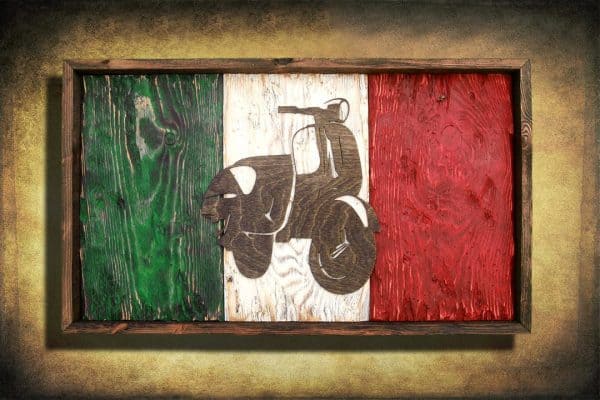 Italian flag, Vespa Edition Weathered Wood One of a kind, vintage, distressed, reclaimed, Europe art flag art. Italy, Red White green