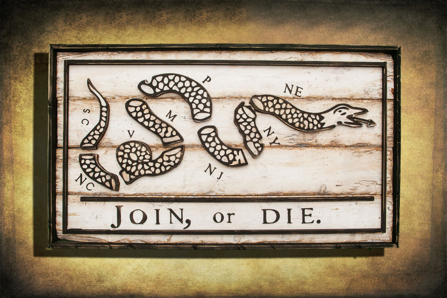 Join or Die Flag, Limited Edition, Weathered Wood One of a kind ,vintage, art, distressed, weathered, recycled, snake, white