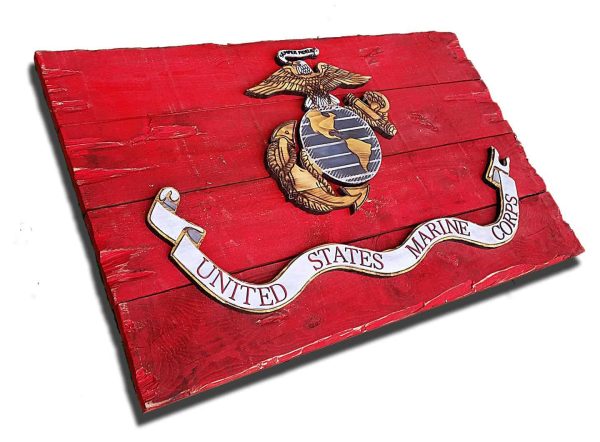 Marine Corps Flag, Handmade vintage, art, distressed, weathered, recycled, home decor, Wall art, reclaimed, Red, Yellow, 3D