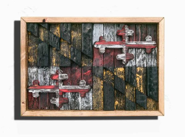 Maryland Flag,Framed Limited Edition, Weathered Wood One of a kind, Wooden, vintage, distressed, weathered, recycled, Baltimore, red, yellow
