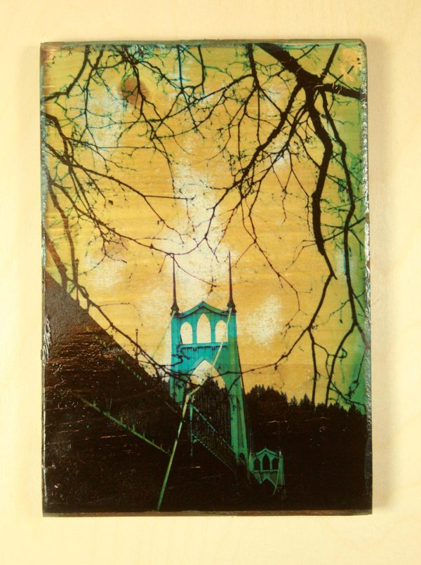 One of a kind  Polaroid transfer taken of the historic St. Johns Bridge in St. Johns Oregon transferred on a wood block.