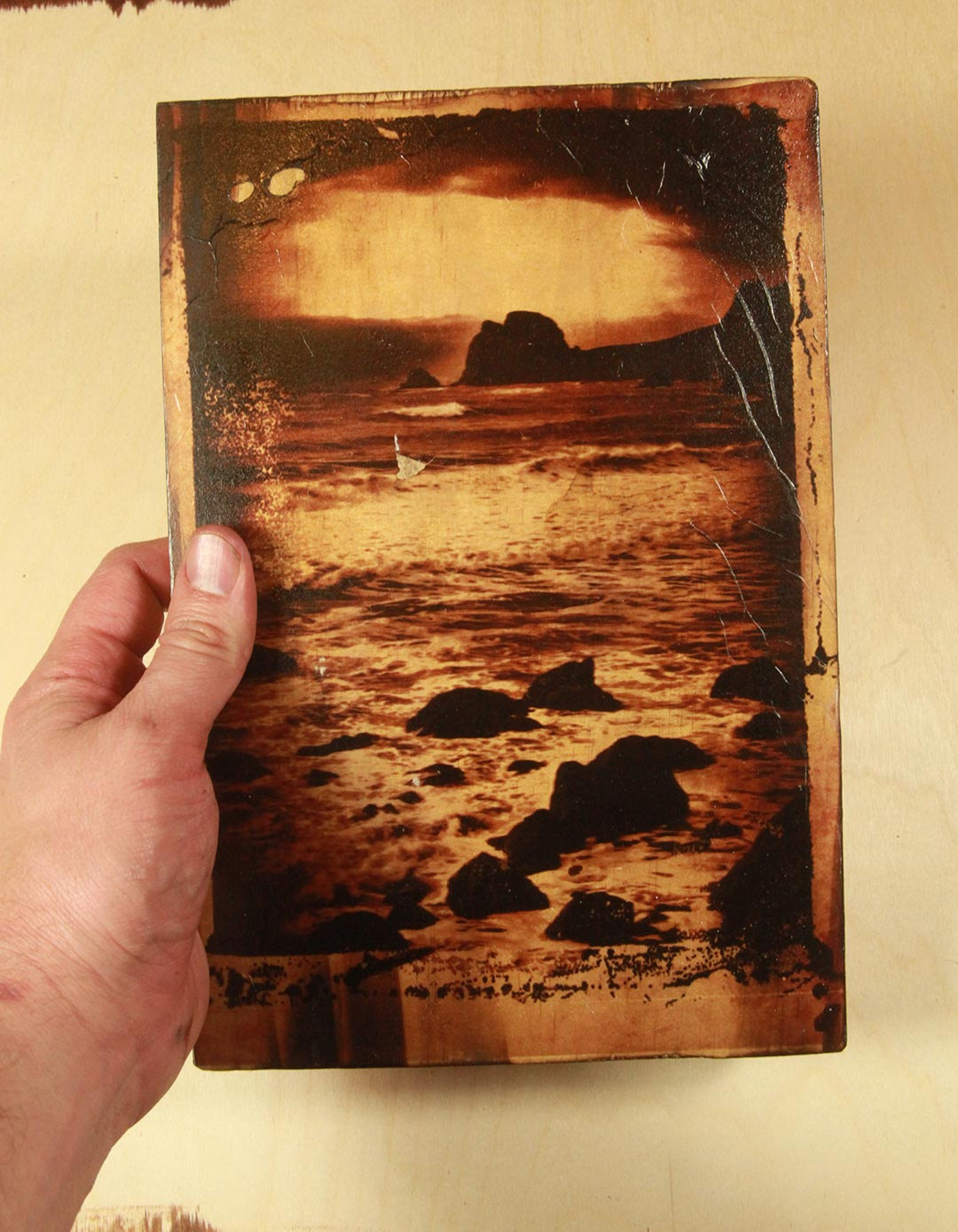 One of a kind  Polaroid transfer taken on the Oregon coast transferred on a wood block.