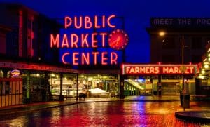 Pikes Place Market Seattle, a light up sign for your home or store, distressed, antique, barn wood, recycled, hollywood, rustic, red. orange