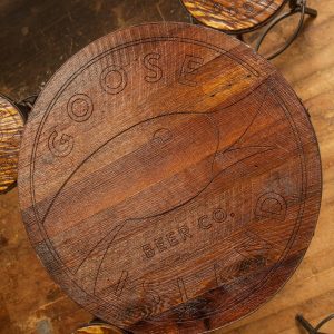 Reclaimed bourbon Barrel engraved personalized tables for your business or home with 4 matching stools
