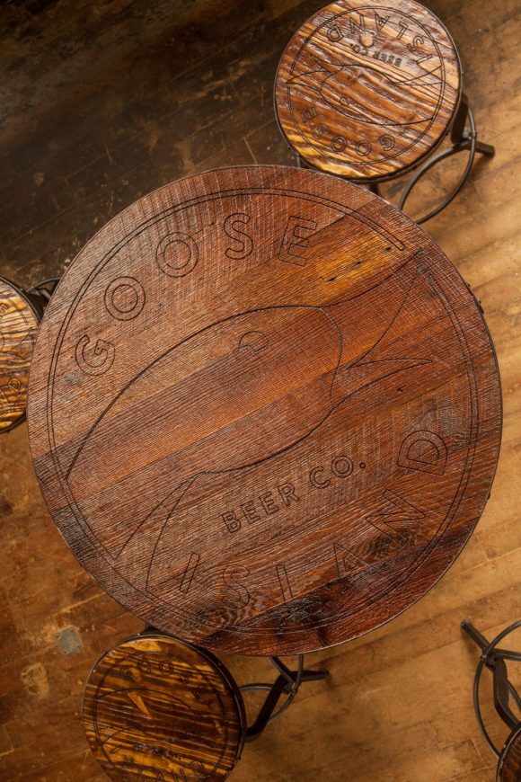Reclaimed bourbon Barrel engraved personalized tables for your business or home with 4 matching stools
