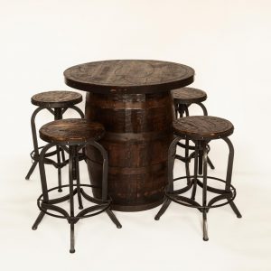 Reclaimed bourbon Barrel engraved personalized tables for your business or home with 4 matching stools