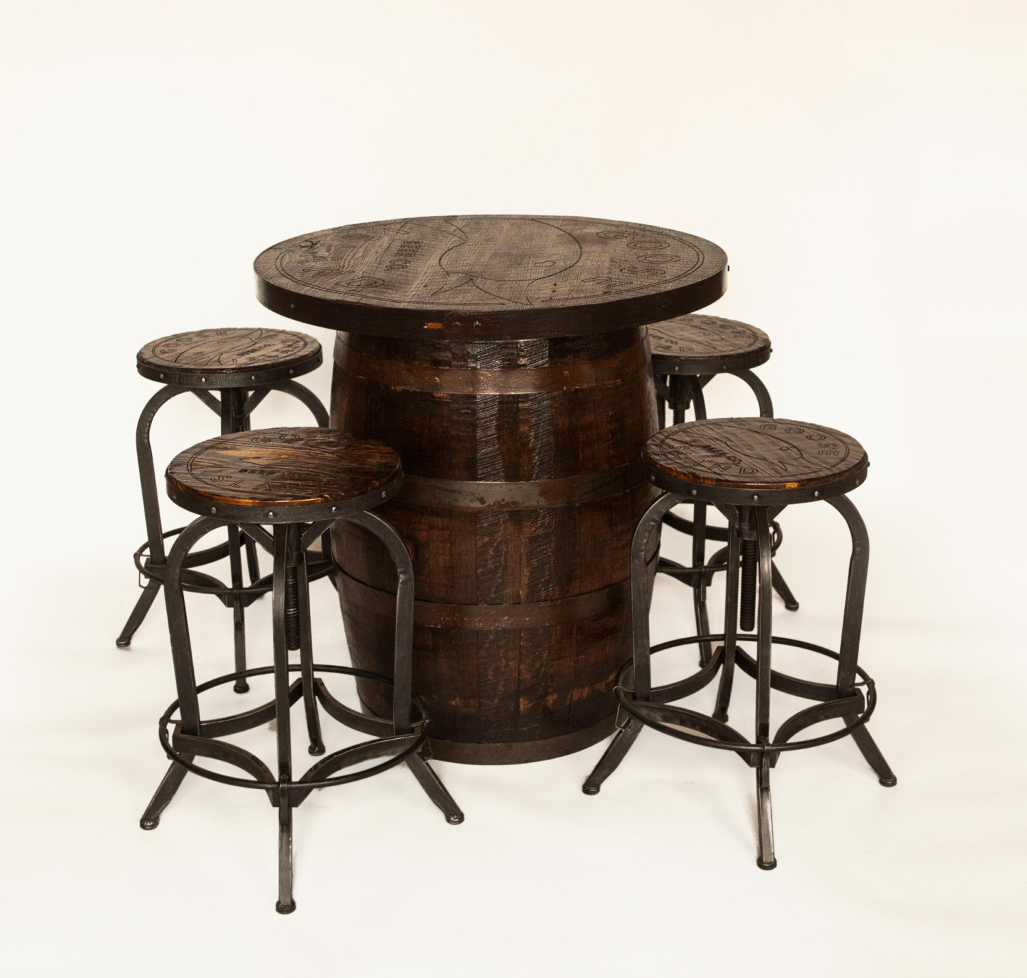 Reclaimed bourbon Barrel engraved personalized tables for your business or home with 4 matching stools